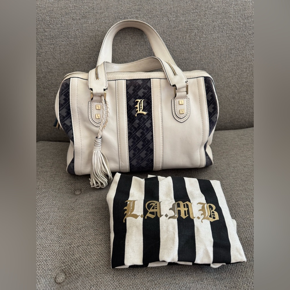 Women's Cream and Black Leather Satchel Handbag - Picture 2 of 6
